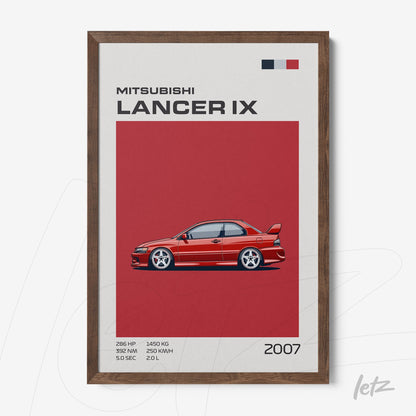 framed wall art featuring a stylized illustration of the 2007 Mitsubishi Lancer IX in dark wood frame