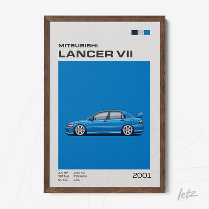 framed wall art featuring a mitsubishi lancer vii in vibrant blue background with dark wood frame