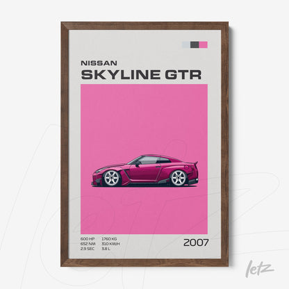 framed artwork featuring a stylized illustration of Nissan Skyline GTR on vibrant pink background with dark wooden frame