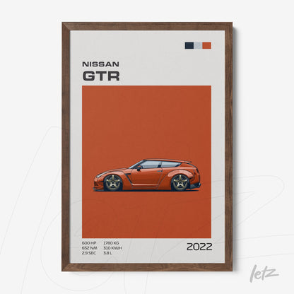 framed digital art of Nissan GTR with dark wood frame and orange background