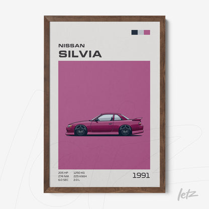framed wall art of the 1991 Nissan Silvia with dark wood frame and pink background