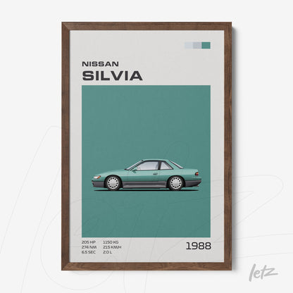framed artwork featuring a Nissan Silvia from 1988 on a green background with a dark wood frame
