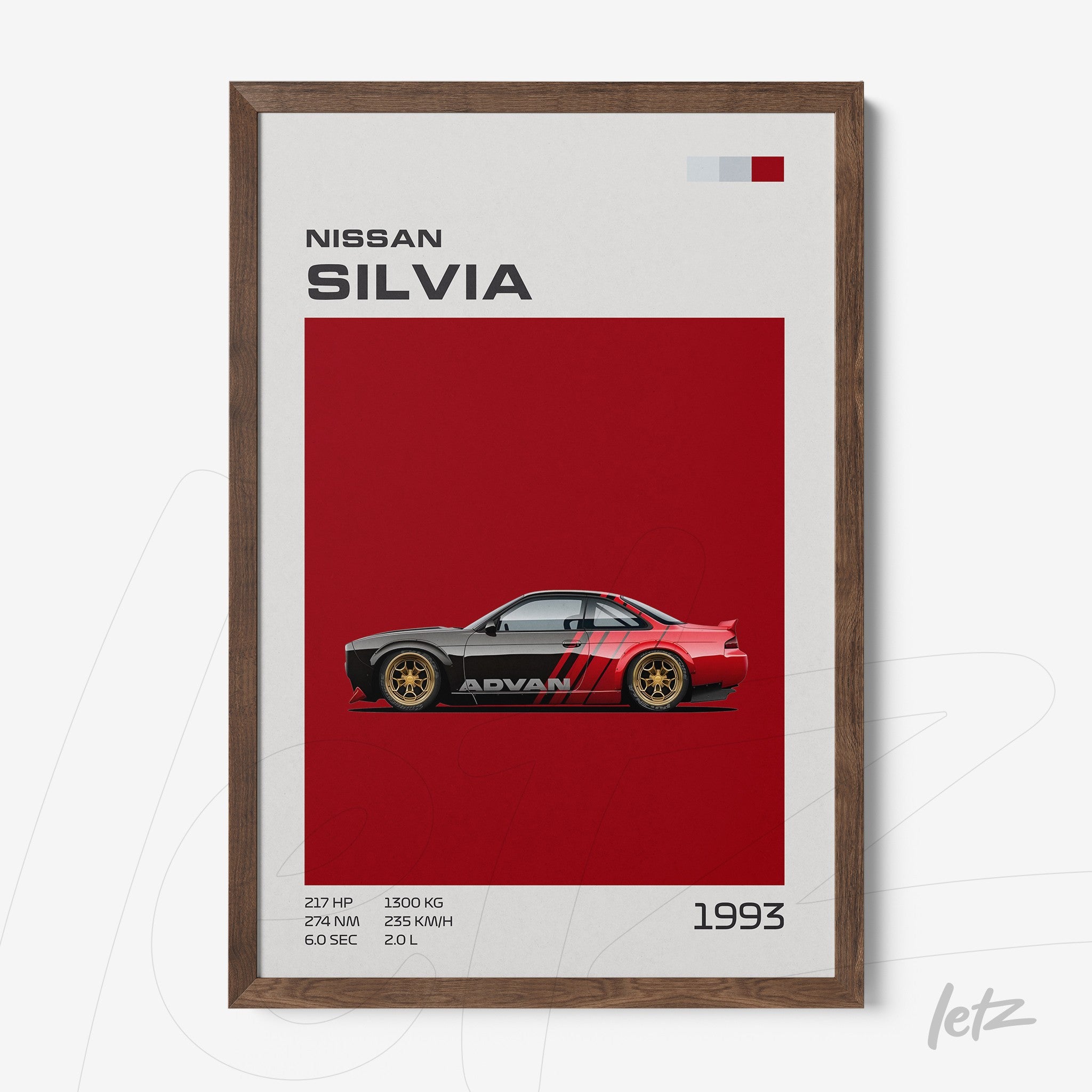 framed wall art featuring a digital illustration of a Nissan Silvia on a red background with a dark wooden frame