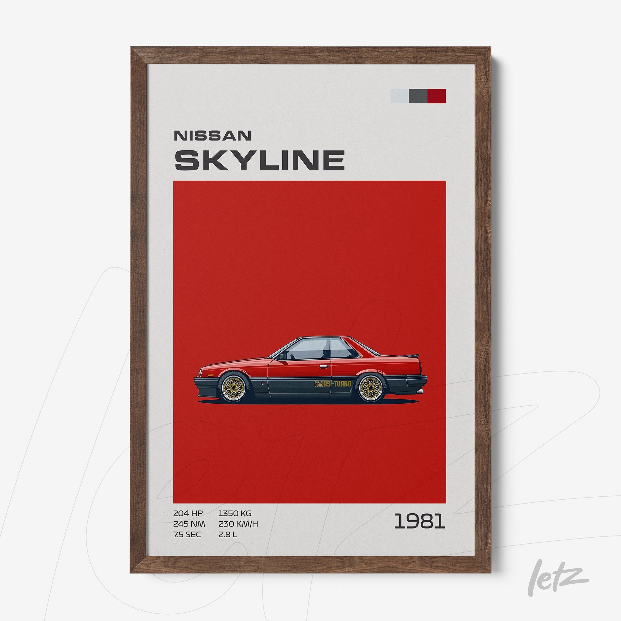 framed wall art featuring digital illustration of Nissan Skyline against red background with dark wood frame