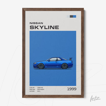 framed illustration of the 1999 Nissan Skyline with vibrant blue background and dark wooden frame