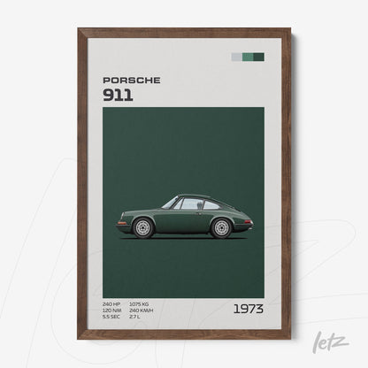 framed wall art featuring a minimalist illustration of a green Porsche 911 with dark wood frame