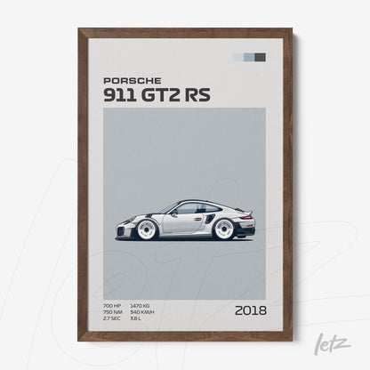 framed wall art featuring a minimalist illustration of Porsche 911 GT2 RS in dark wood frame