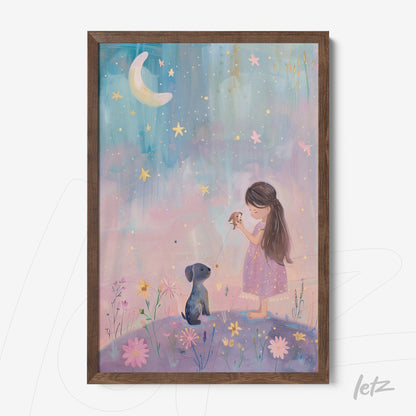 framed children's art featuring a girl in a pink dress holding a dog sitting under a starry sky with a large crescent moon
