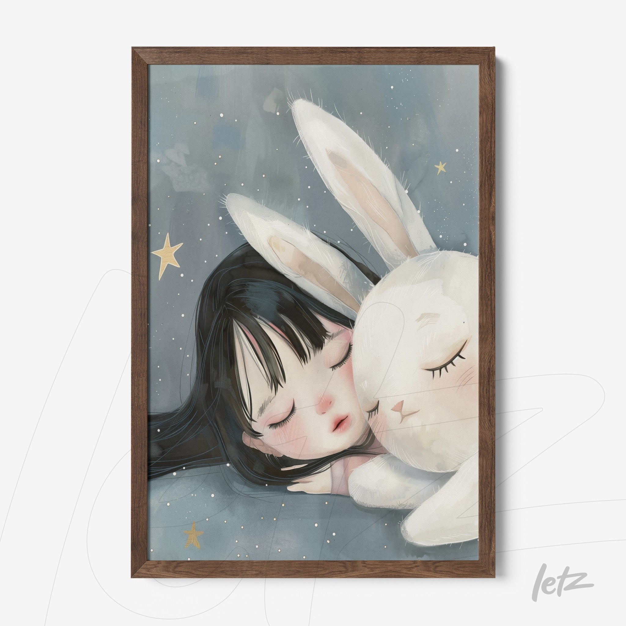 framed artwork of a girl sleeping next to a white bunny with a dark wood frame