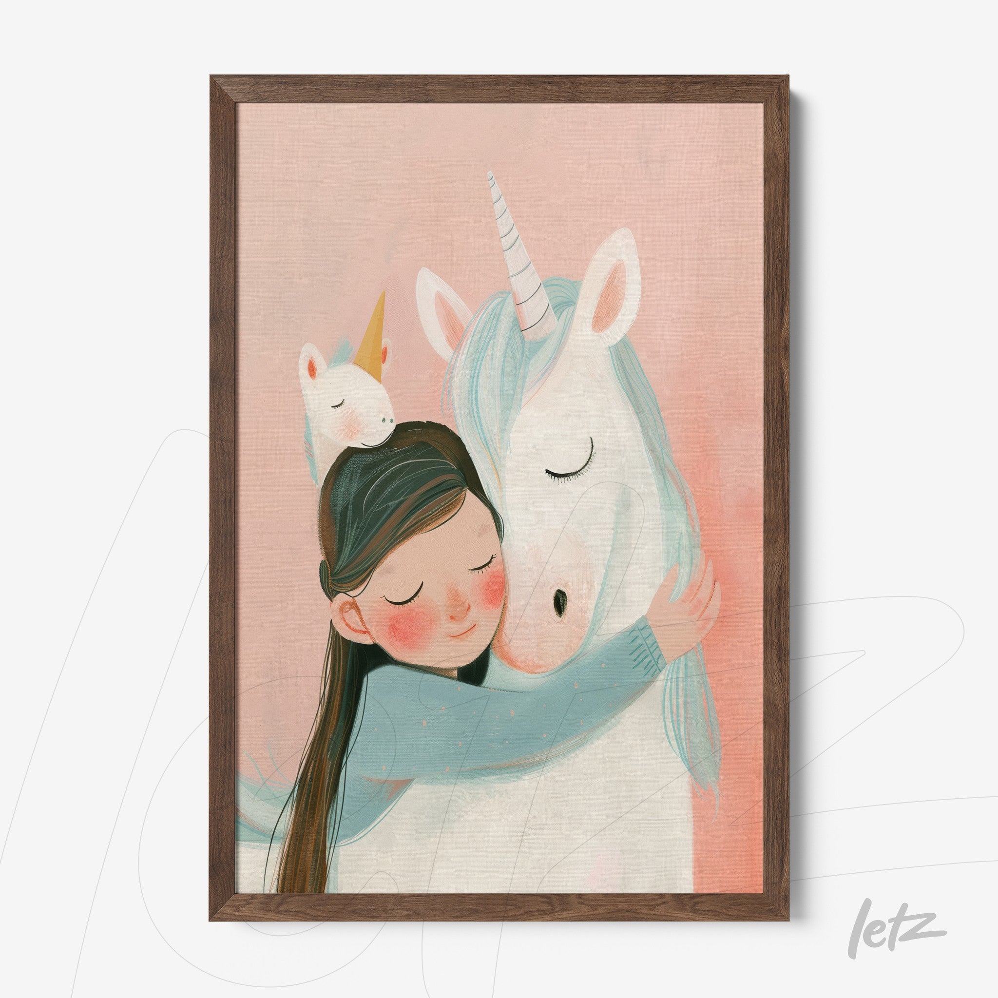 children's wall art featuring a girl hugging a unicorn with a dark wooden frame
