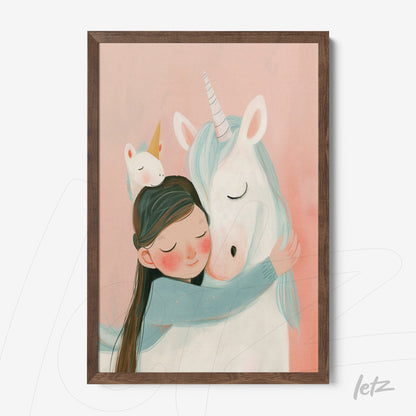 children's wall art featuring a girl hugging a unicorn with a dark wooden frame