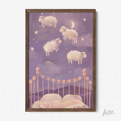 whimsical artwork of flying sheep under a starry sky in a brown frame