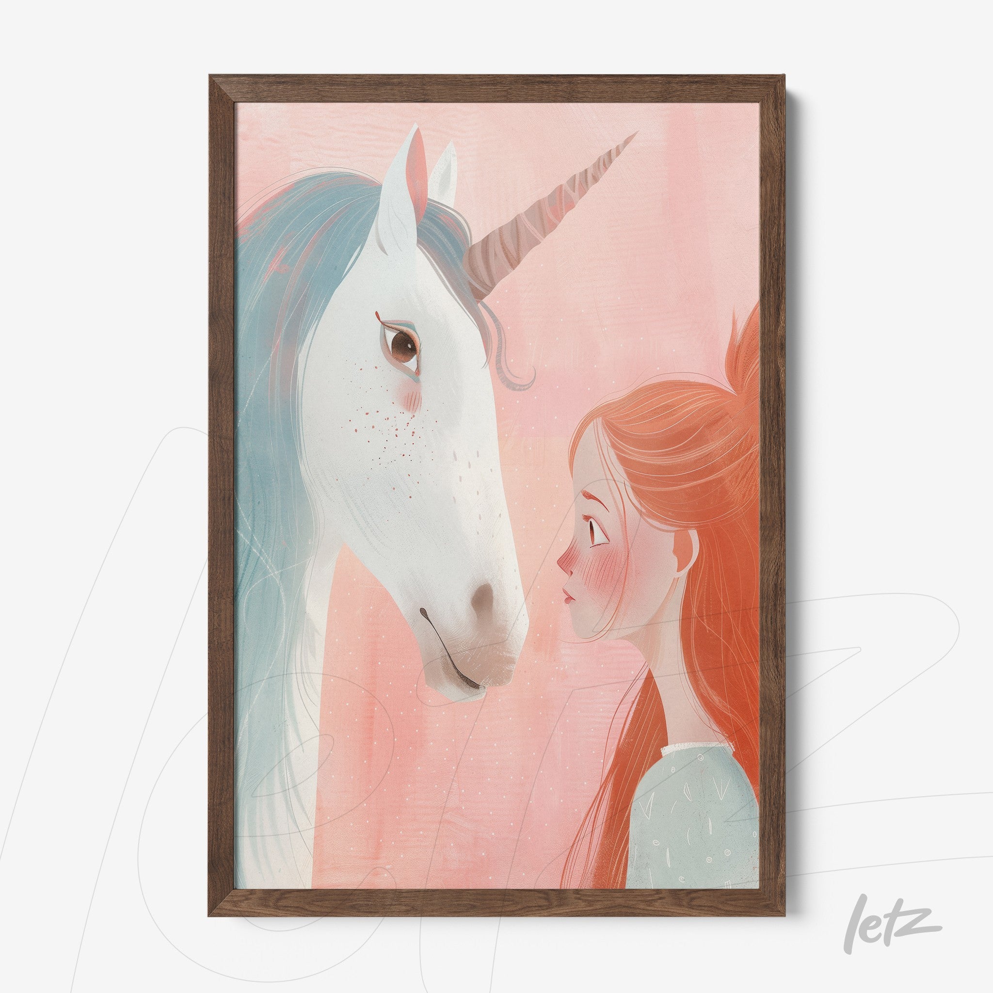 framed artwork featuring a girl gazing at a unicorn with a pastel pink background