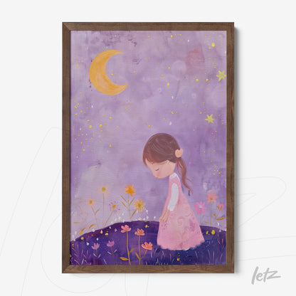 framed artwork of a girl in a pink dress against a purple background with colorful flowers and a yellow crescent moon