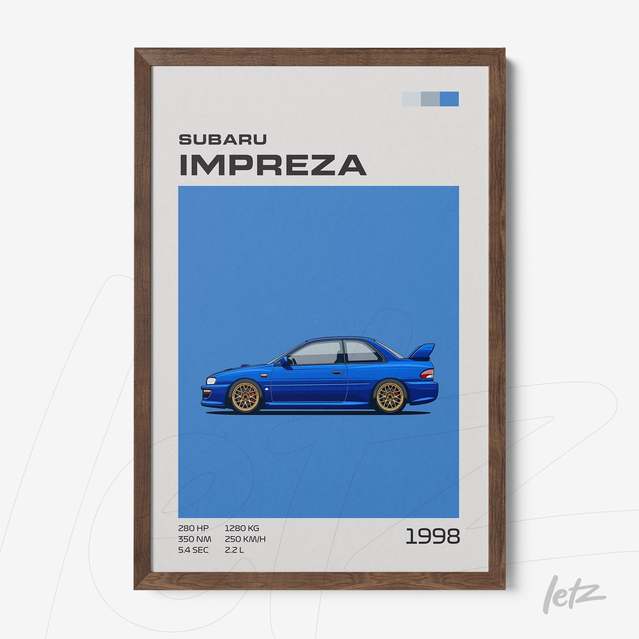 framed artwork featuring a stylized illustration of a blue Subaru Impreza against a blue background with dark wooden frame