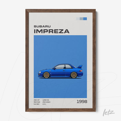 framed artwork featuring a stylized illustration of a blue Subaru Impreza against a blue background with dark wooden frame