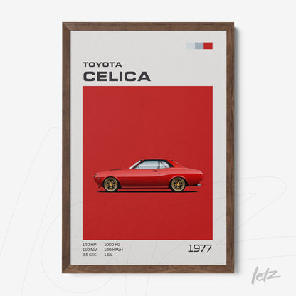 retro illustration of a 1977 Toyota Celica car on a red background with a dark wood frame