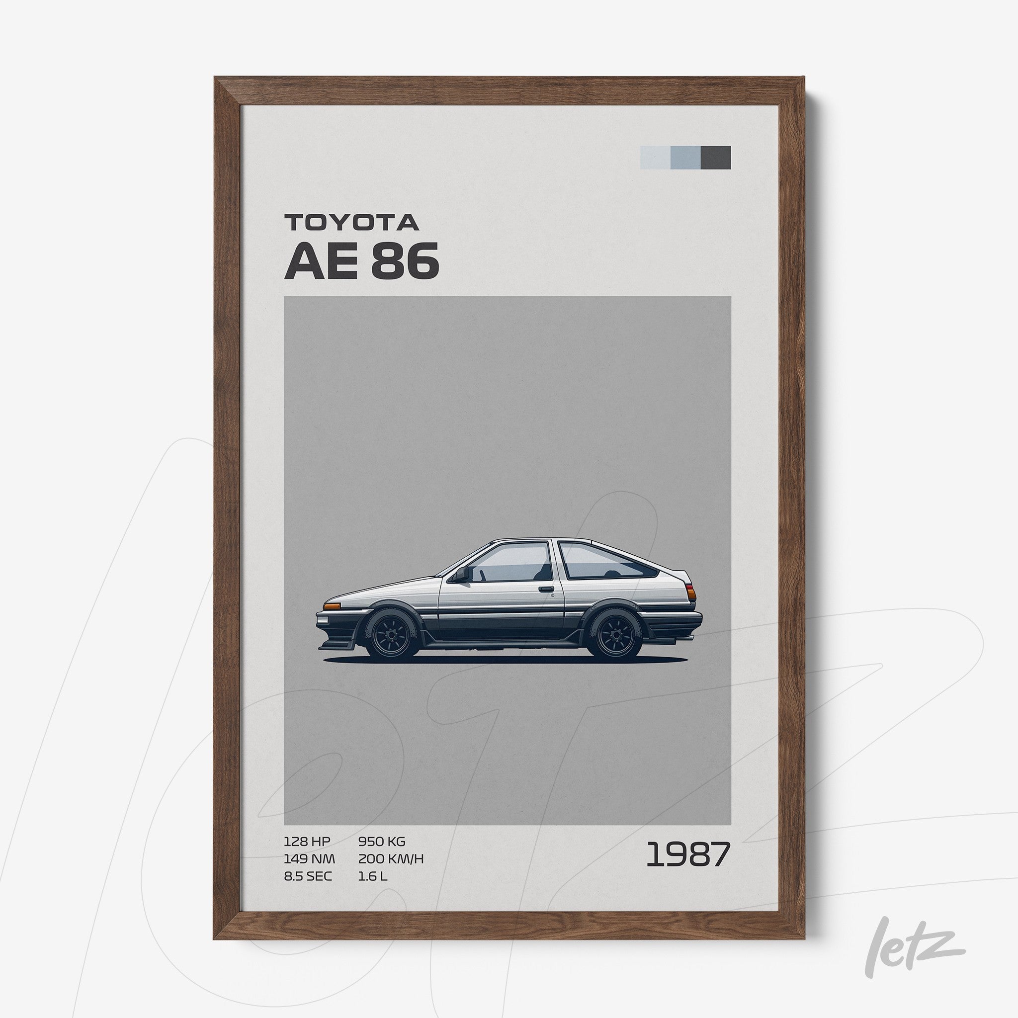 framed wall art featuring a detailed illustration of the Toyota AE 86 with a dark wood frame
