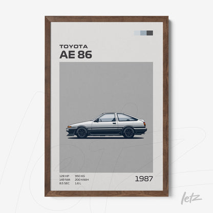 framed wall art featuring a detailed illustration of the Toyota AE 86 with a dark wood frame