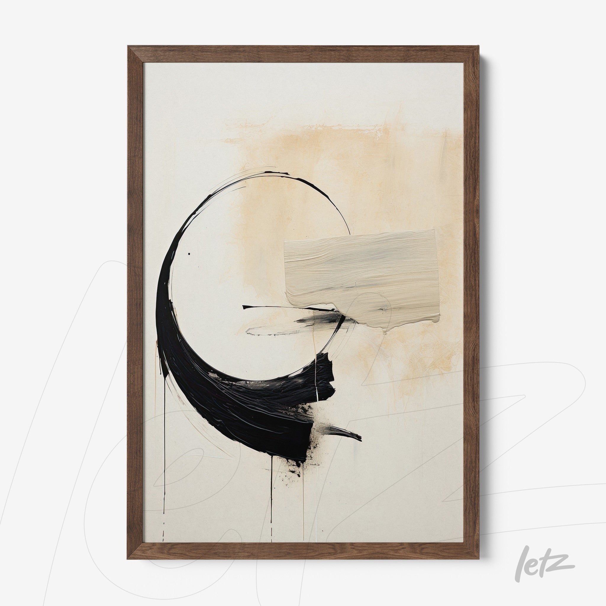 abstract art piece featuring fluid shapes in shades of black and white in a dark wood frame