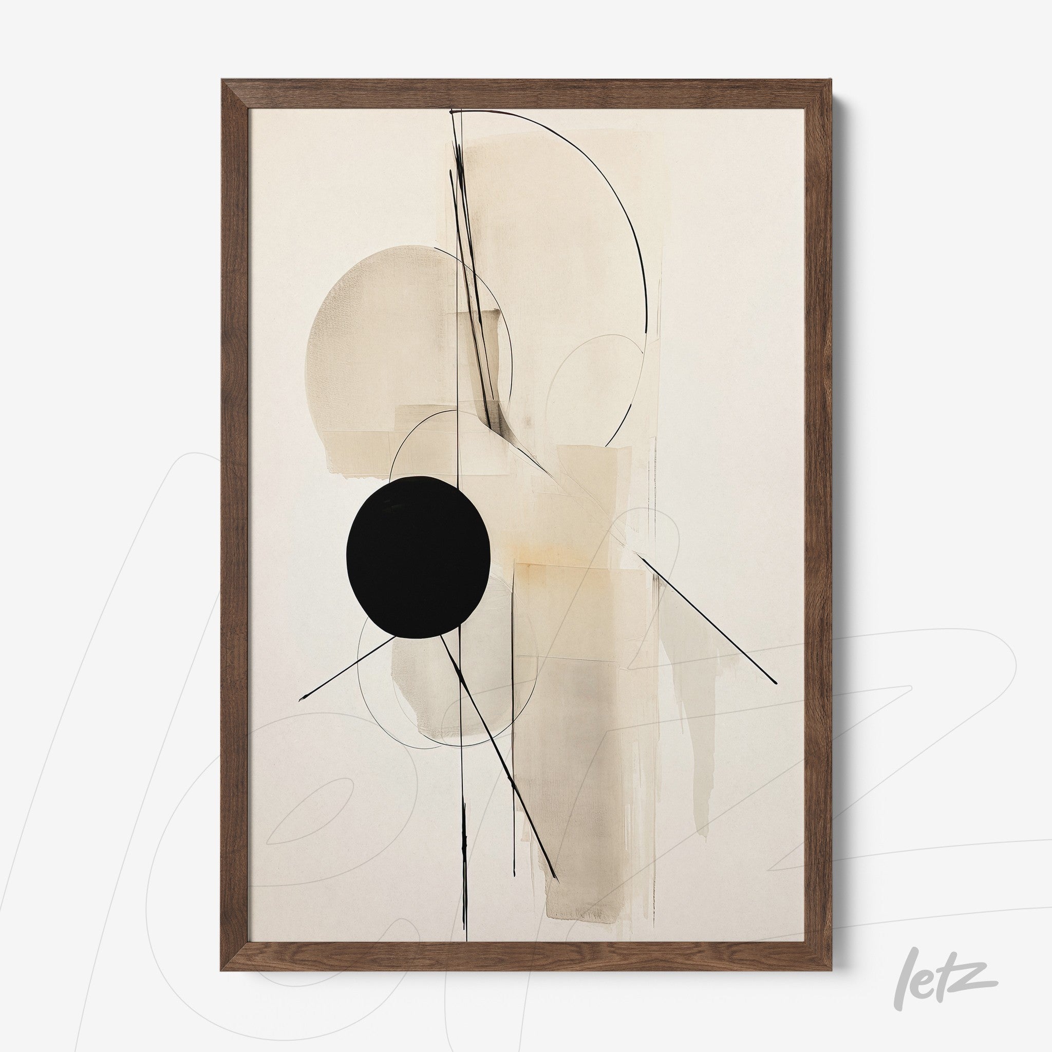 abstract wall art in neutral tones featuring geometric shapes and a large black circle, framed in light wood frame