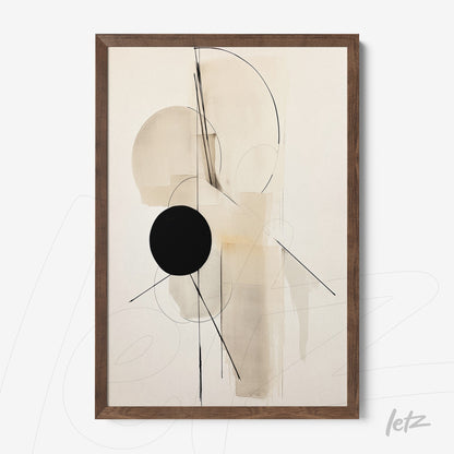 abstract wall art in neutral tones featuring geometric shapes and a large black circle, framed in light wood frame