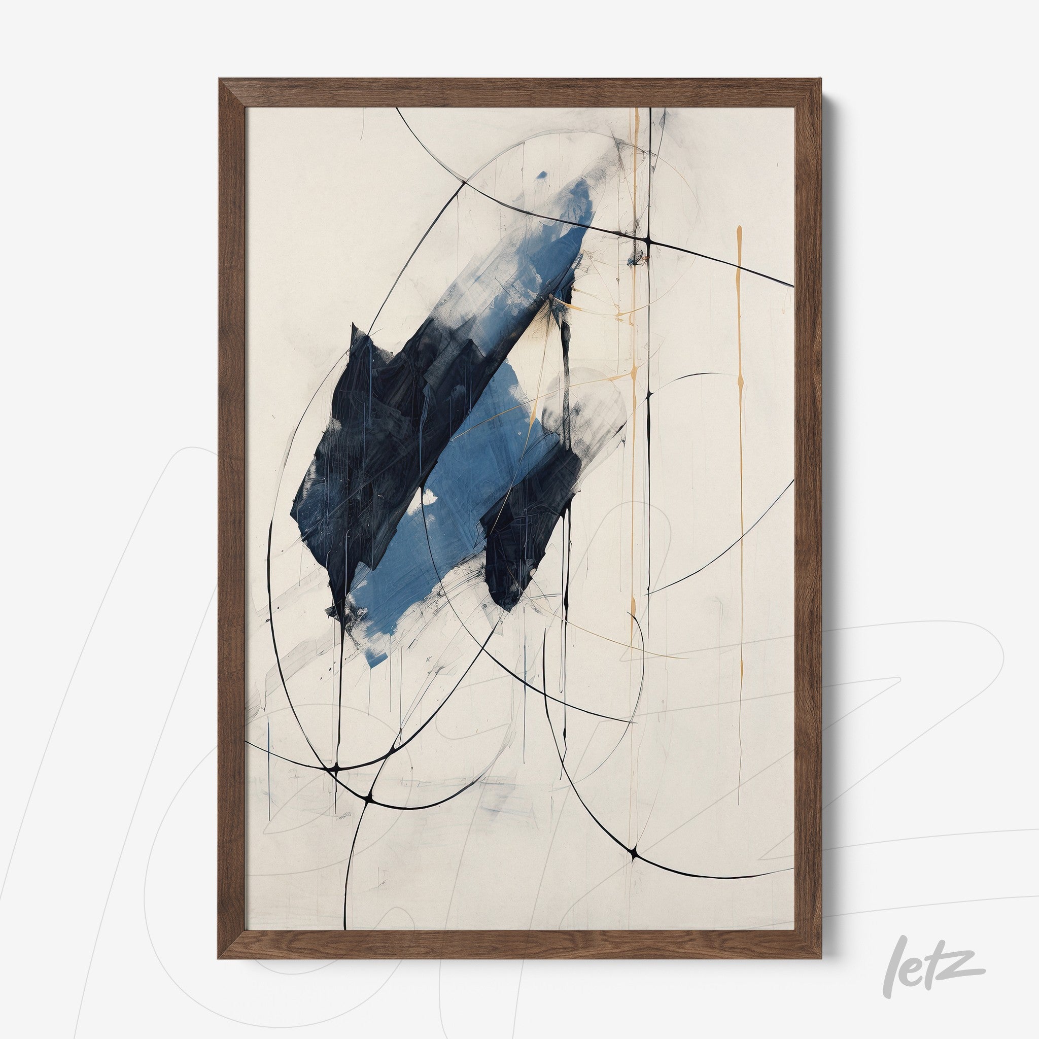 abstract art piece in shades of blue and black with light wood frame