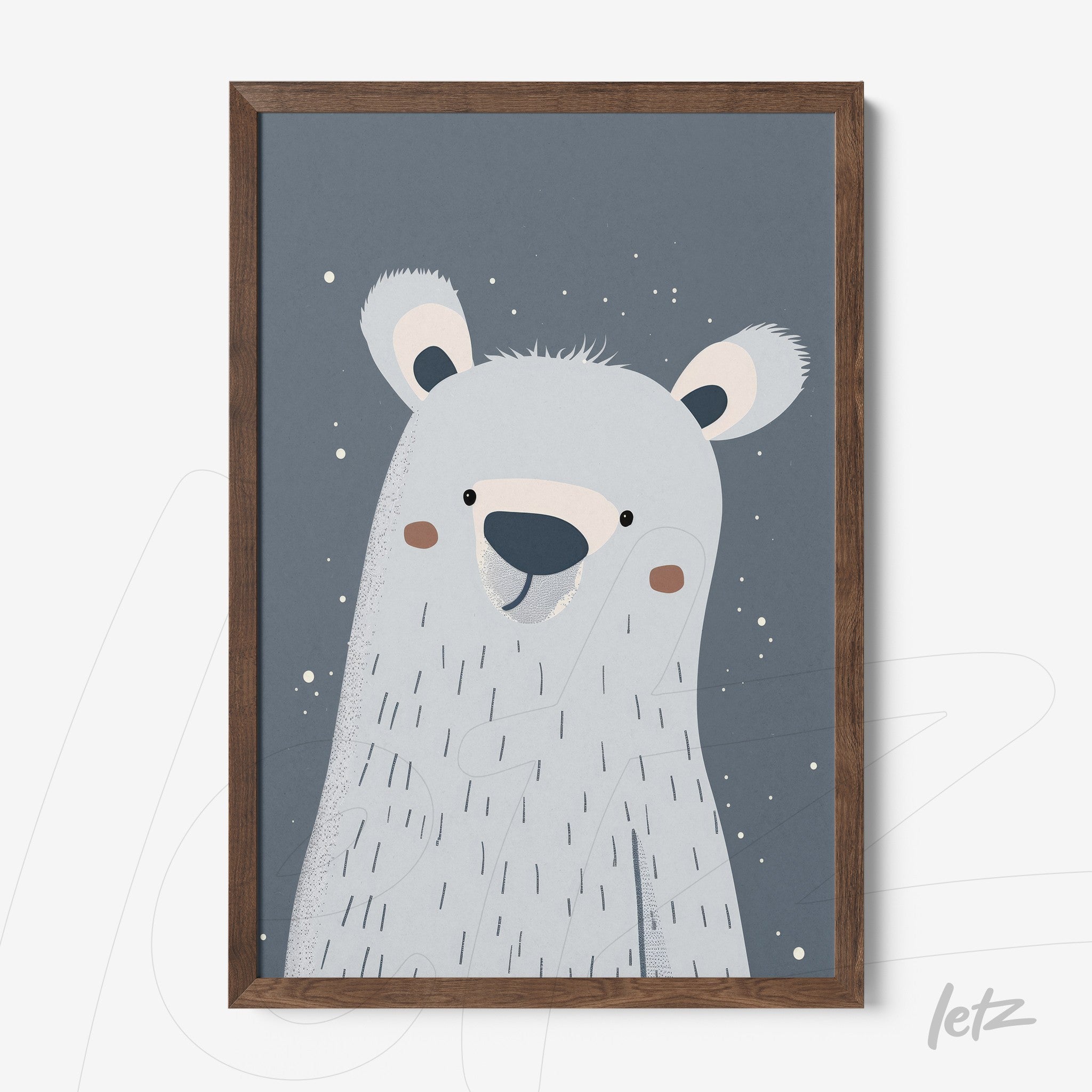 stylized polar bear art with a gray background and wooden frame