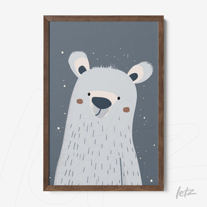 stylized polar bear art with a gray background and wooden frame