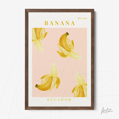 modern wall art featuring bananas on a pink background with dark brown frame