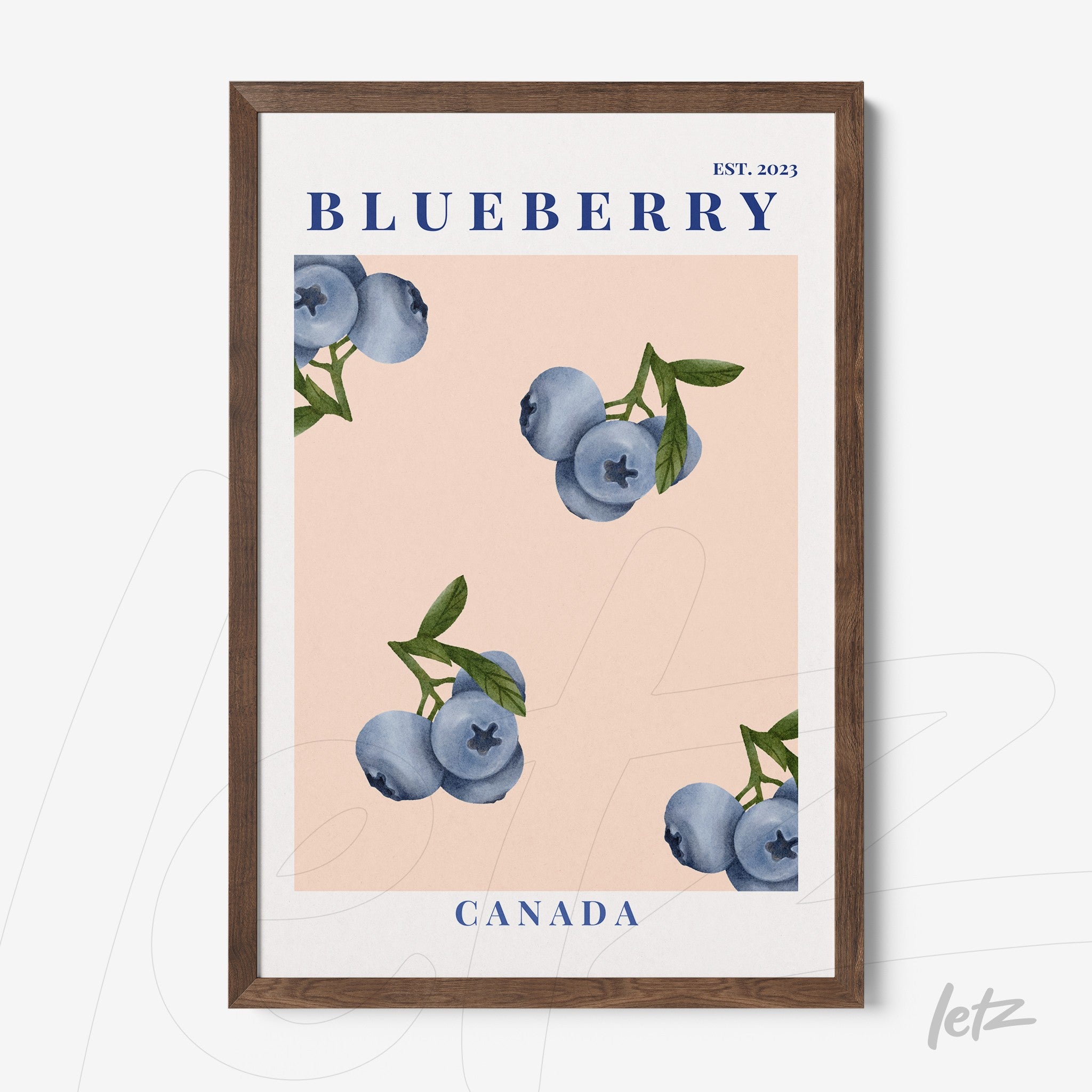 framed artwork featuring blueberries on a pink background with a dark wood frame