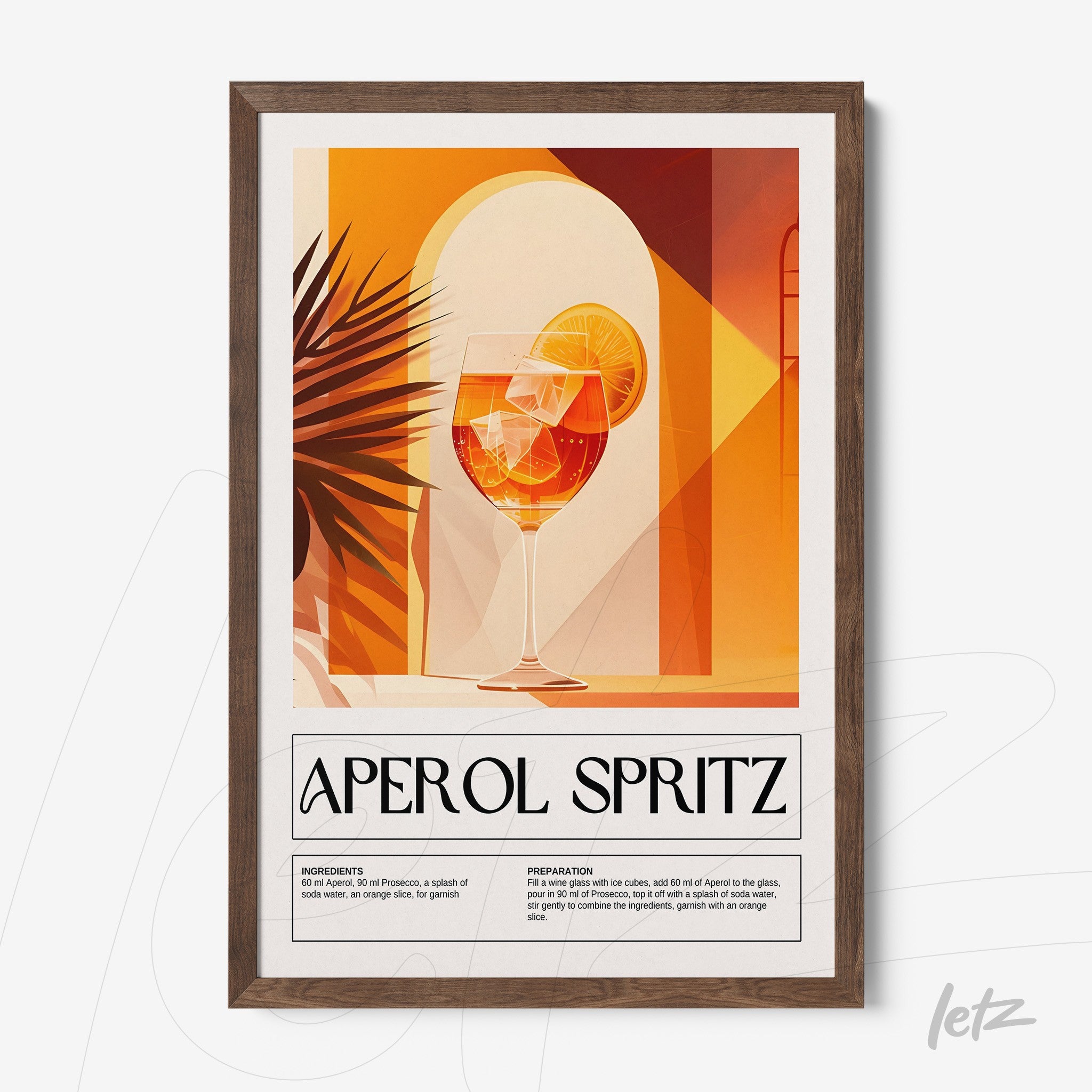 graphic art print of aperol spritz cocktail in light wood frame