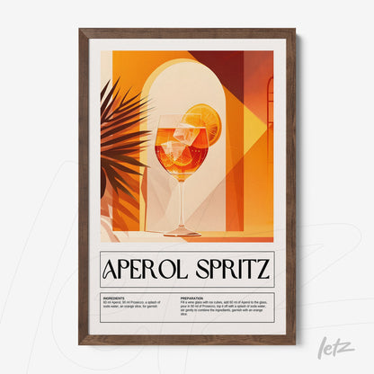 graphic art print of aperol spritz cocktail in light wood frame
