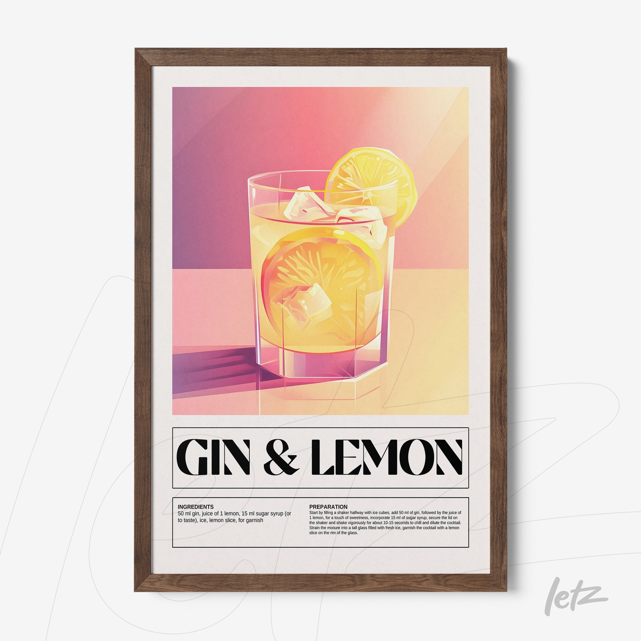 framed wall art featuring a digital illustration of gin and lemon cocktail with dark wood frame