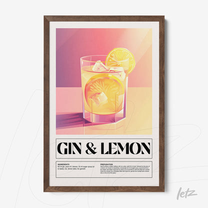 framed wall art featuring a digital illustration of gin and lemon cocktail with dark wood frame