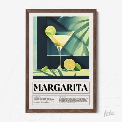 modern wall art of margarita cocktail in a glass with limes and botanical elements, framed in dark wood