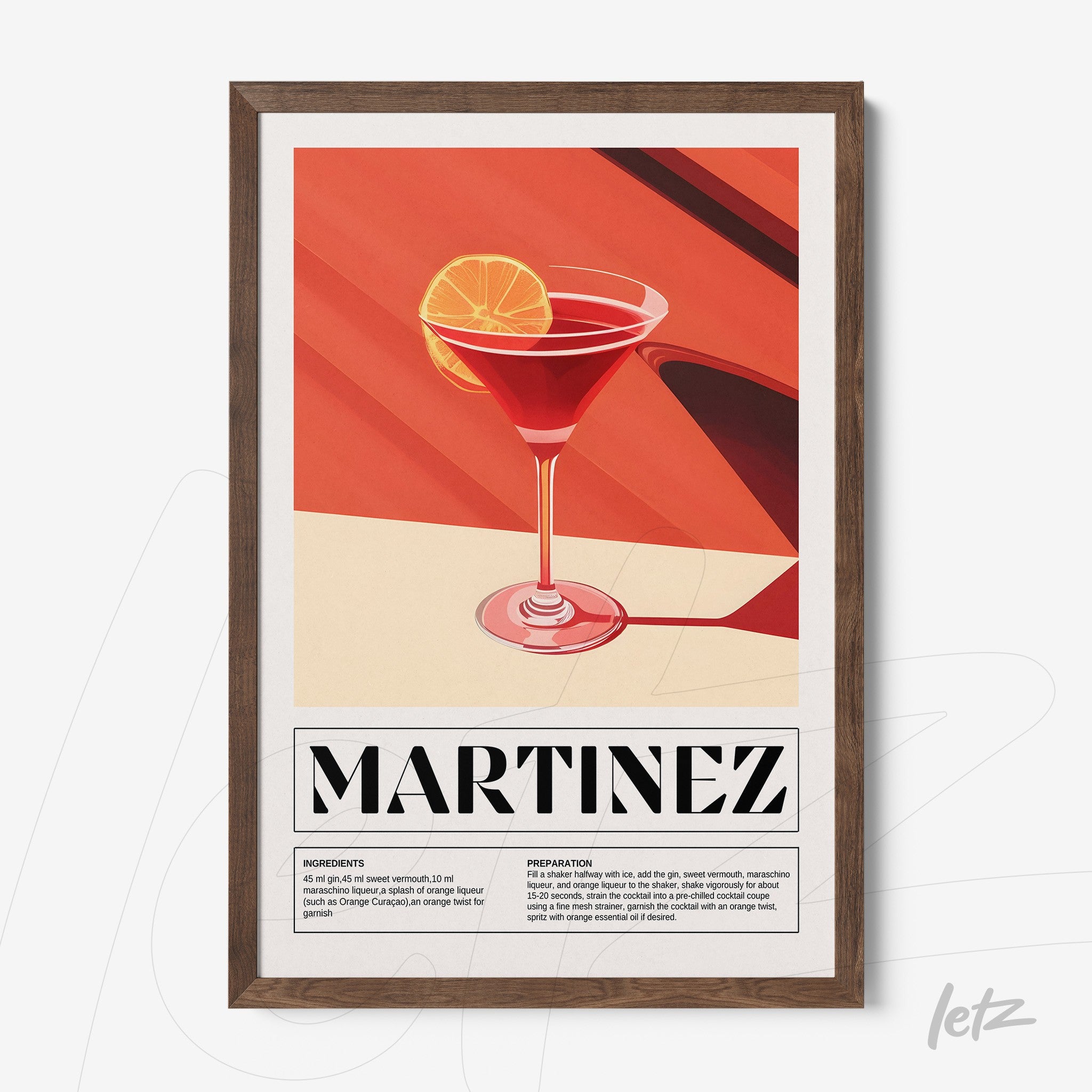 framed wall art featuring a martinez cocktail illustration with dark wood frame and red background