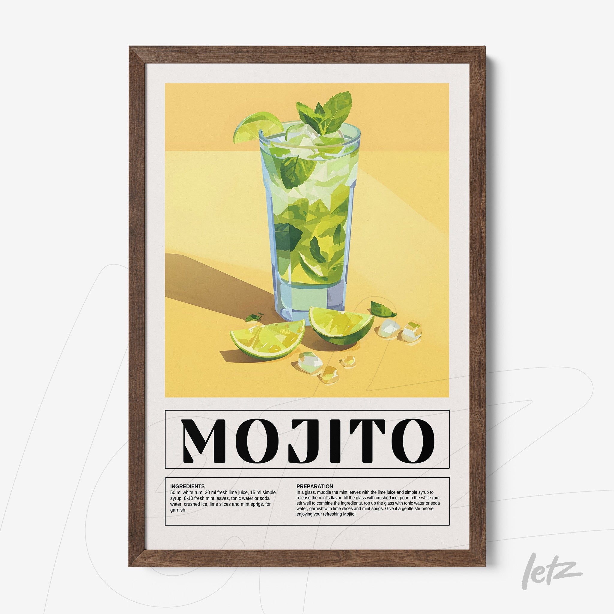 framed wall art featuring mojito cocktail illustration with dark wood frame and yellow background