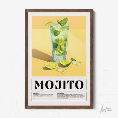 framed wall art featuring mojito cocktail illustration with dark wood frame and yellow background