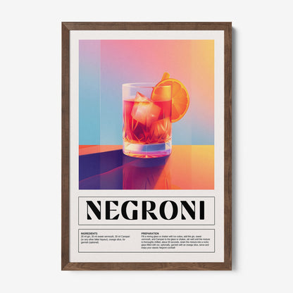 framed wall art depicting a negroni cocktail with a clear glass and colorful background
