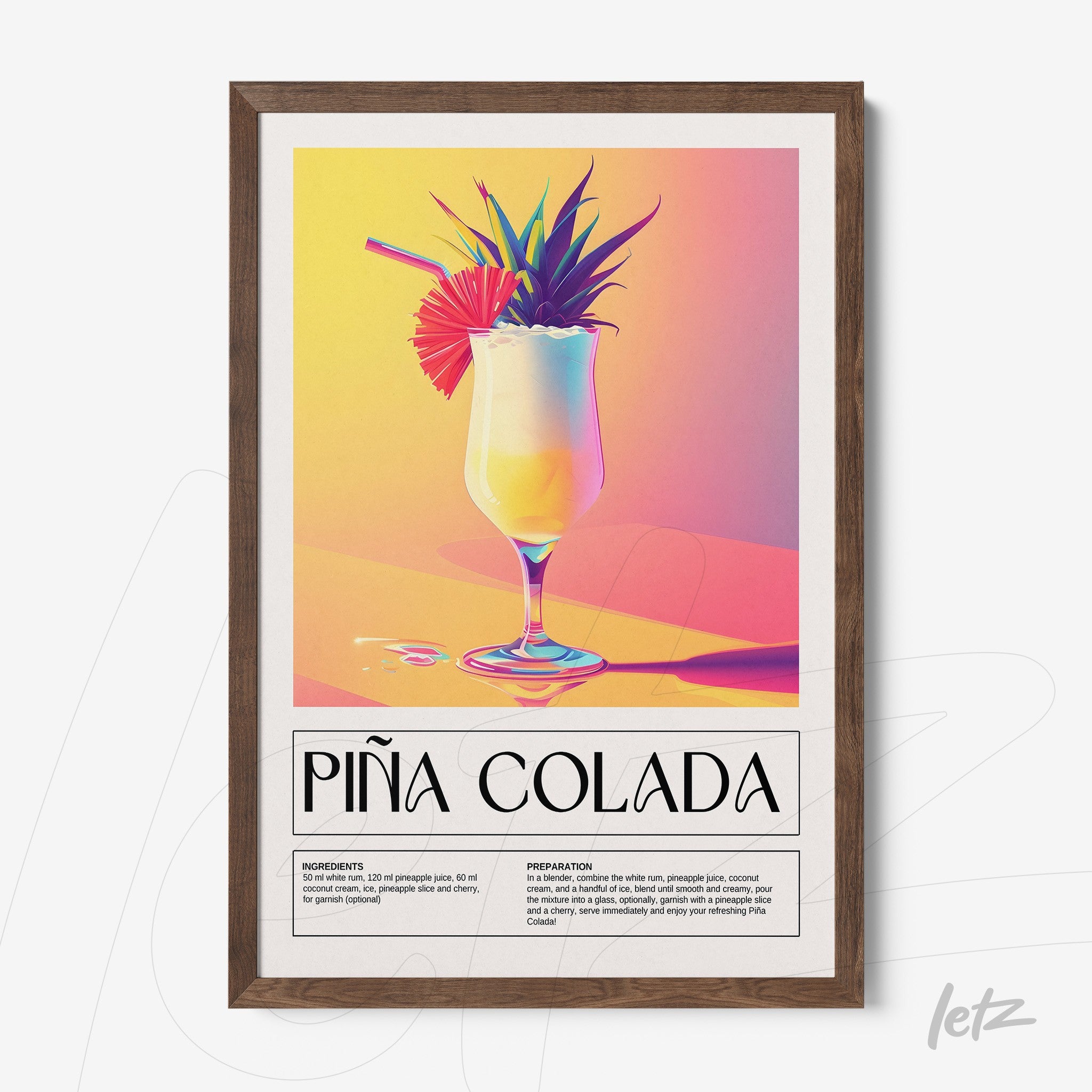 framed artwork featuring a stylized piña colada cocktail with dark wood frame