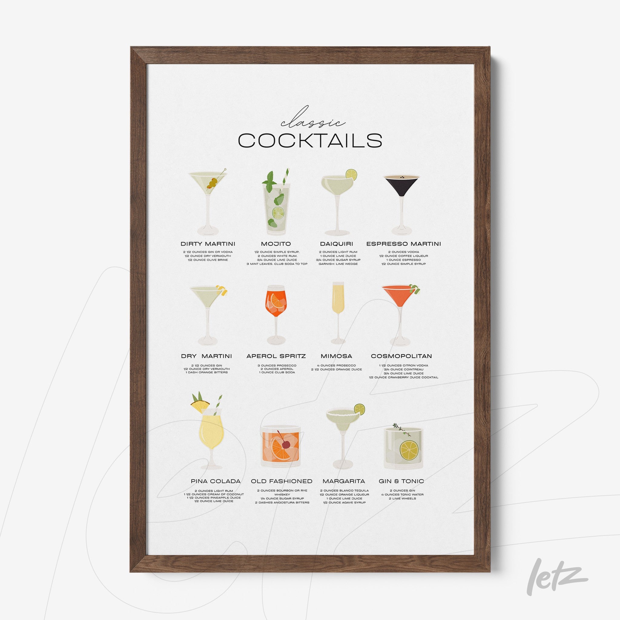 framed artwork featuring illustrations of classic cocktails with dark wood frame