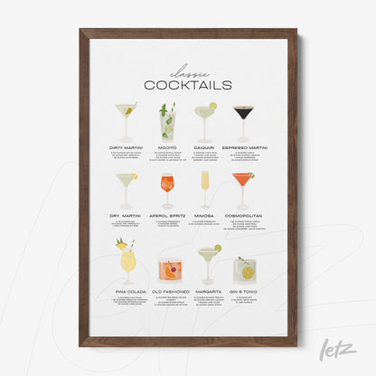 framed artwork featuring illustrations of classic cocktails with dark wood frame