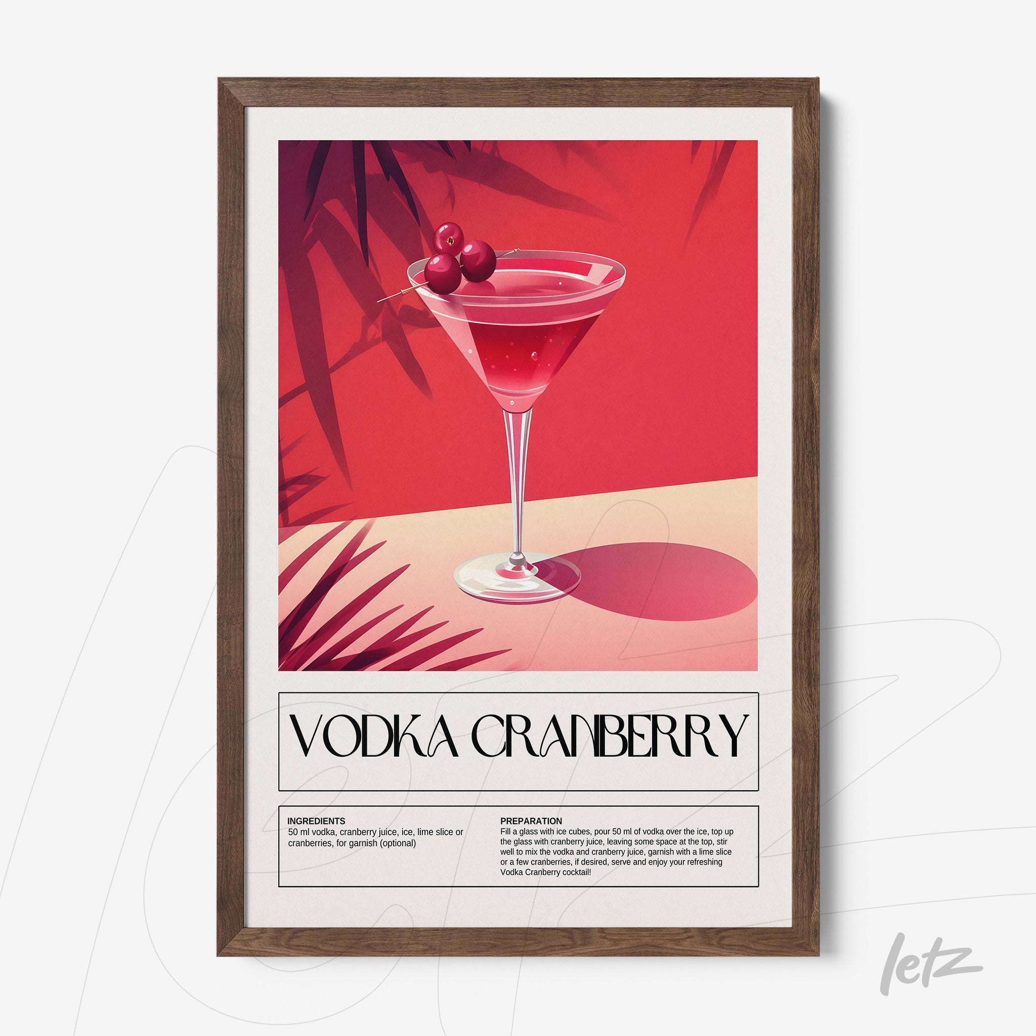 framed art depicting a vodka cranberry cocktail with a dark wood frame