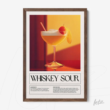 digital art print of whiskey sour cocktail in dark wood frame