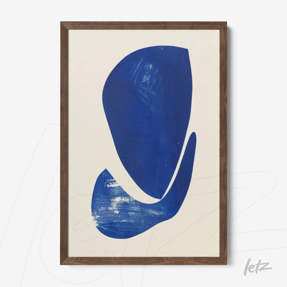 framed artwork featuring abstract blue shapes on light background with dark wood frame