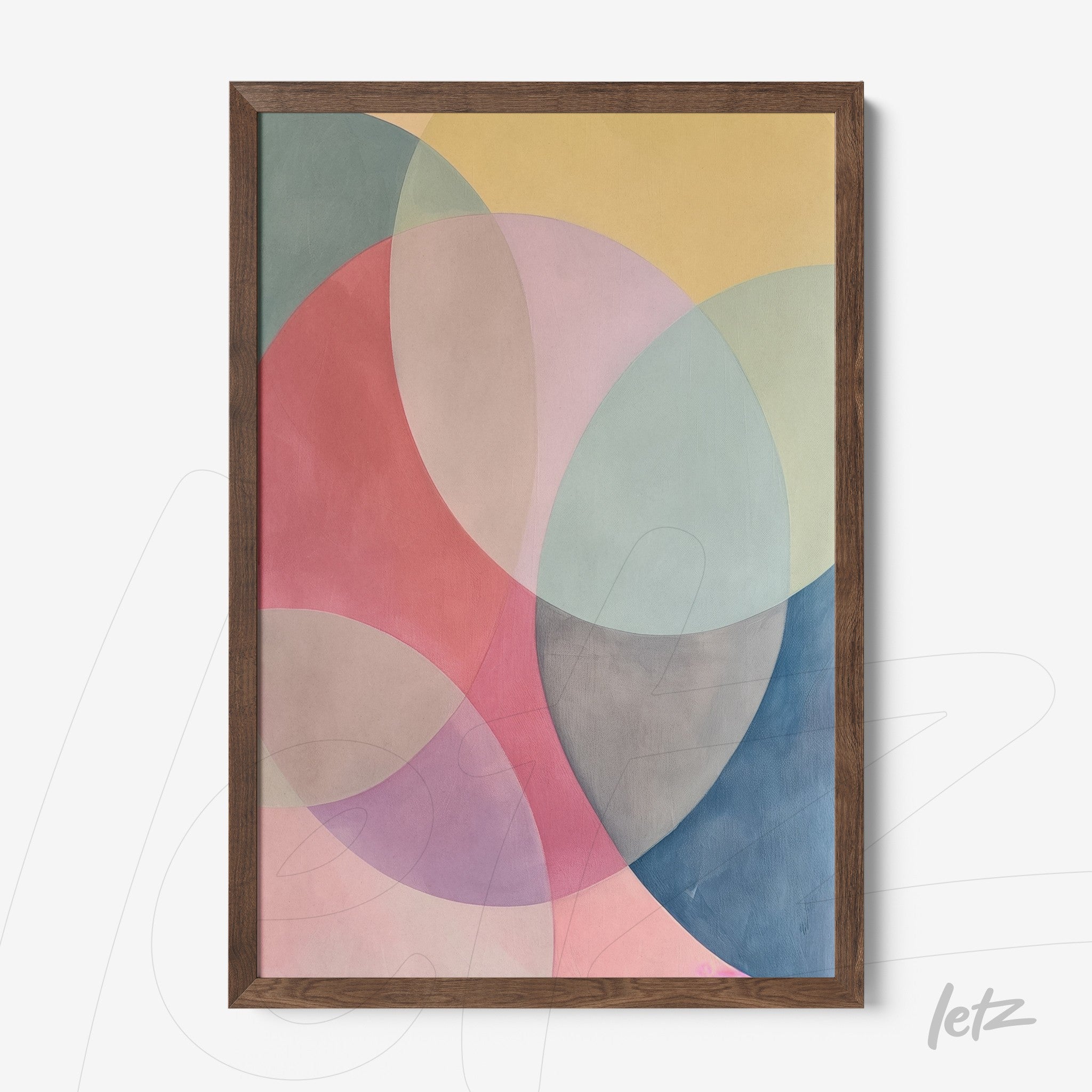 framed wall art featuring abstract design with circular shapes in pastel colors, surrounded by dark wood frame
