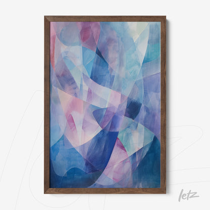 abstract wall art in shades of blue and pink with a dark wood frame