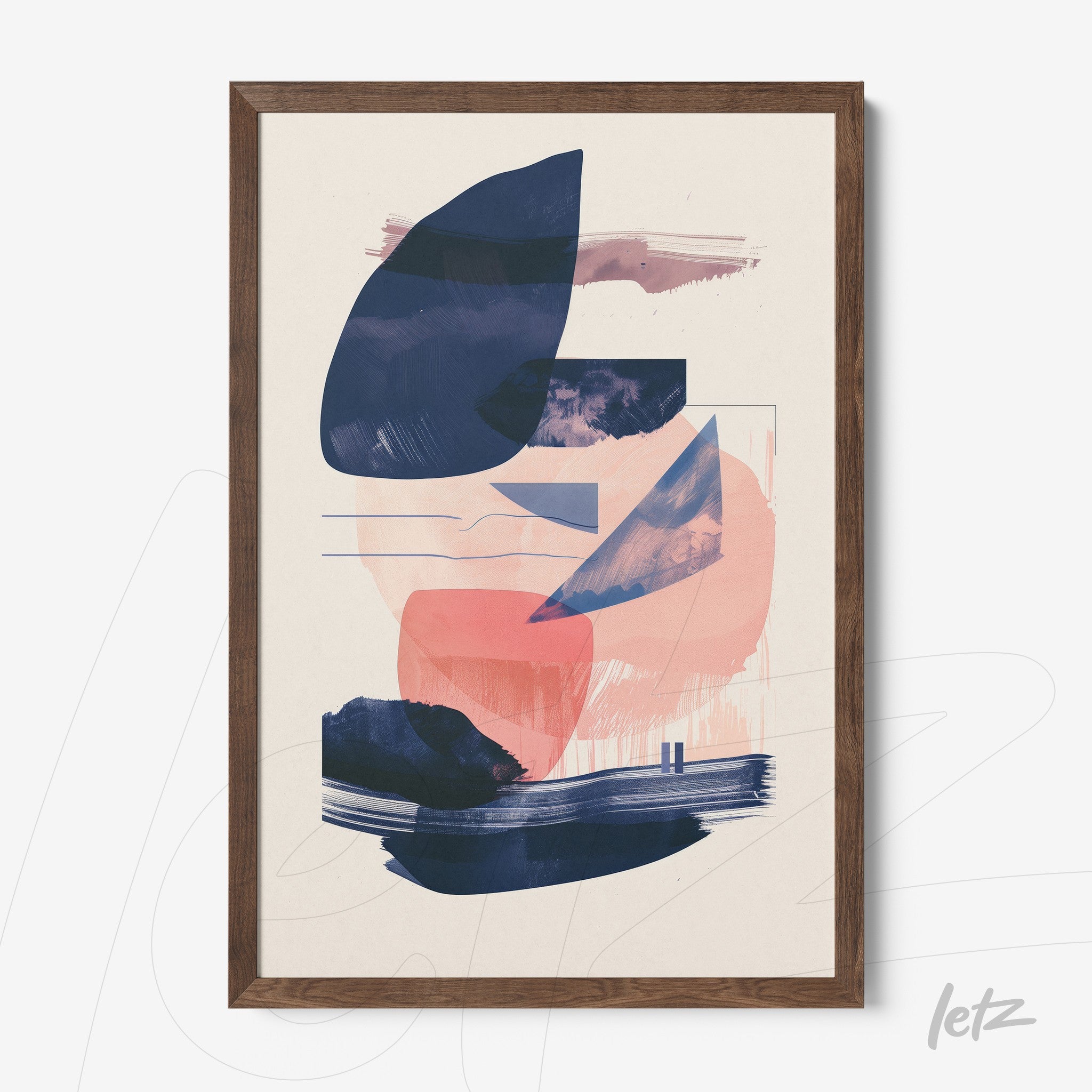 framed artwork featuring abstract design in shades of blue and pink with dark wooden frame