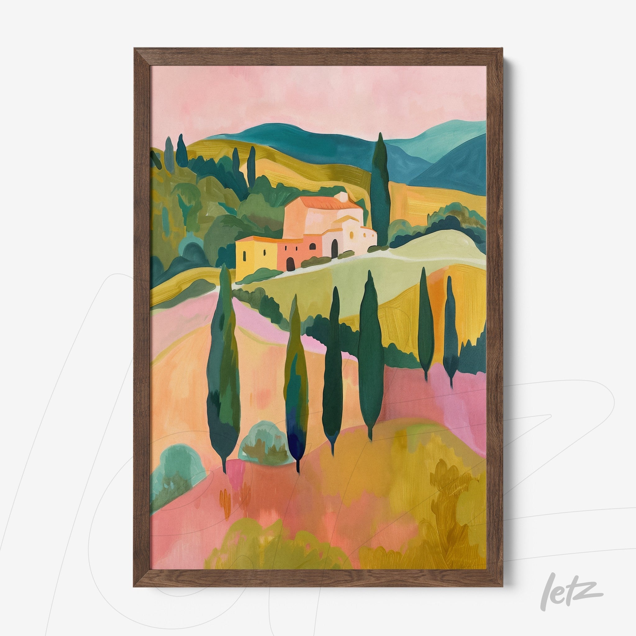 framed wall art featuring a modern landscape with pastel houses and tall cypress trees in a serene countryside setting